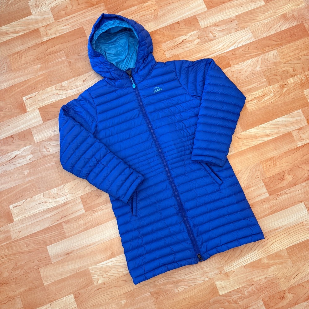 LL Bean Ultralight 850 Down Hooded Coat Blue DownTek Puffer Jacket L 14-16